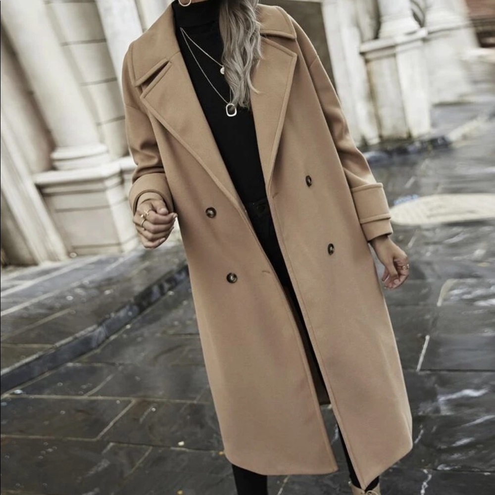Camel double breasted trench long peacoat jacket - Picture 3 of 7